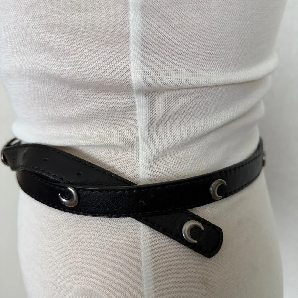 Womens Black Faux Leather Slim Belt Silver Crescent Moon Studs Oval Buckle Y2K